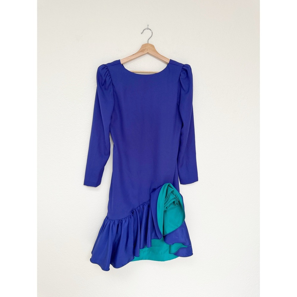 Vintage Huey Waltzer Purple Teal Huge Rosette Ruffle Cocktail Dress Size 7/8